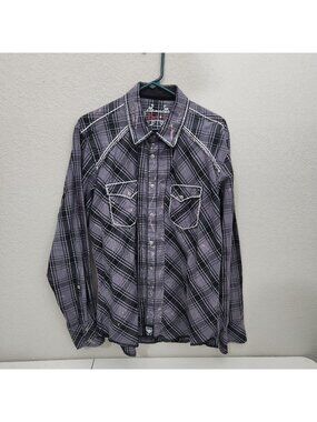Rock 47 Mens Plaid Western Long Sleeve Shirt L Purple Black Snap Front